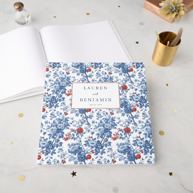 Elegante blaue botanische Blumenmuster Gästebuch (Vorderseite offen)