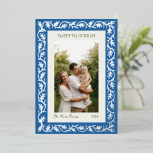 Elegante blaue botanische Hanukkah-Familienfotokar Folien Feiertagskarte