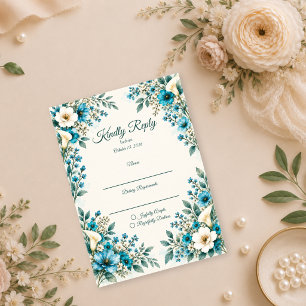 Elegante blaue botanische Hochzeit RSVP Karte