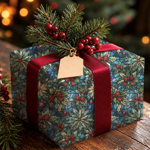 Elegante blaue Buntglas-Coquette-Schleife Weihnach Geschenkpapier