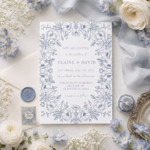 Elegante blaue Chinoiserie-Blumen-Botanical-Hochze Einladung