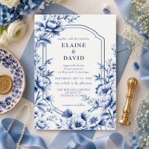 Elegante blaue Chinoiserie-Blumen-Botanik-Hochzeit