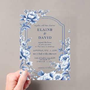 Elegante blaue Chinoiserie-Blumen-Botanische Hochz Acryleinladungen