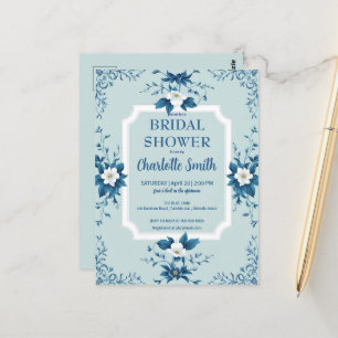 Elegante blaue Chinoiserie-Blumen-Brautparty Postkarte