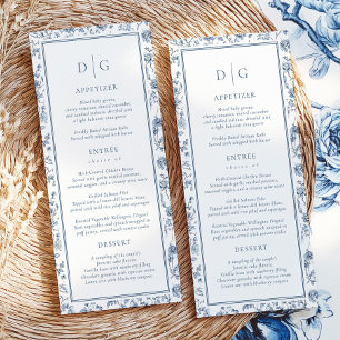 Elegante blaue Chinoiserie-Hochzeitsmenü Menükarte