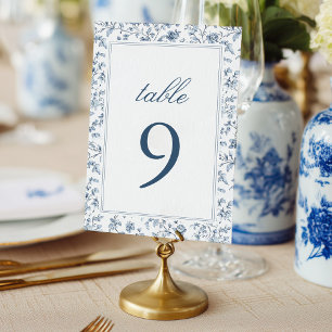 Elegante blaue Chinoiserie-Hochzeitstisch-Nummer Tischnummer