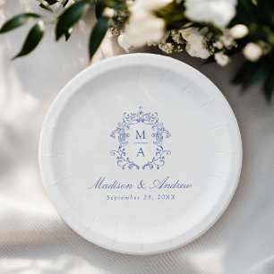 Elegante blaue Chinoiserie-Monogramm-Wappen-Hochze Pappteller