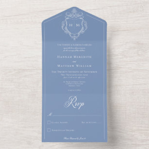 Elegante blaue Chinoiserie-Vogel-Wappen-Hochzeit All In One Einladung