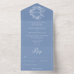Elegante blaue Chinoiserie-Vogel-Wappenelemente-Ho All In One Einladung