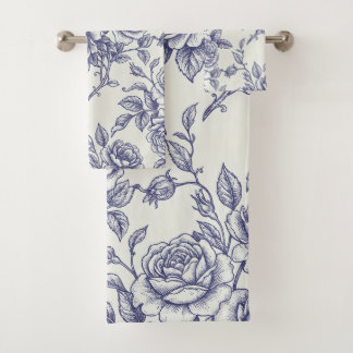 Elegante blaue cremefarbene Rosen-Toile de Jouy Badhandtuch Set