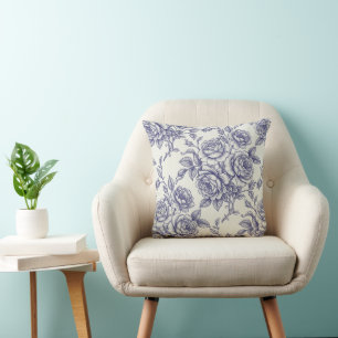 Elegante blaue cremefarbene Rosen Toile de Jouy Kissen