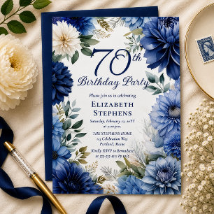 Elegante blaue Dahlie Blumen 70. Geburtstagsfeier Einladung