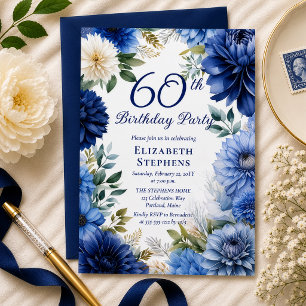 Elegante Blaue Dahlie Blumige 60. Geburtstagsfeier Einladung