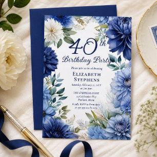 Elegante Blaue Dahlien-Blumen 40. Geburtstagsfeier Einladung