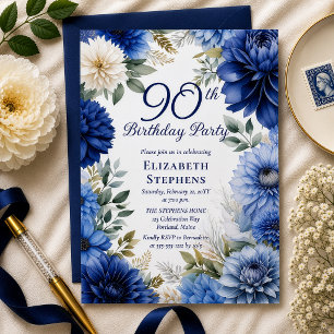 Elegante Blaue Dahlien-Blumen zum 90. Geburtstag Einladung