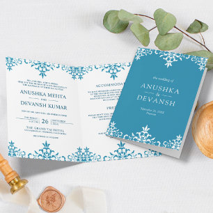 Elegante blaue Damast-Traditionelle indische Hochz Einladung