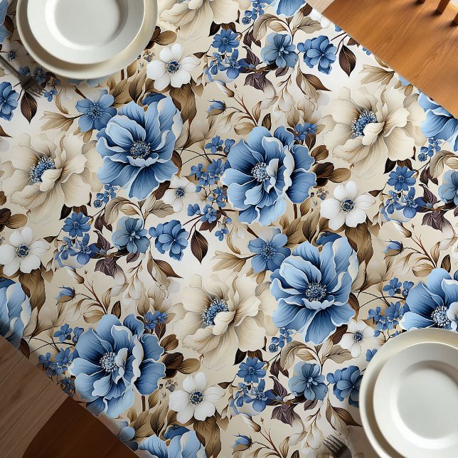 Elegante Blaue Elfenbein Blumen Luxus Tischdecke (Sophisticated Blue Ivory Floral Luxury Tablecloth)