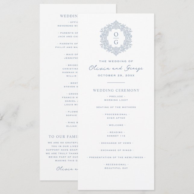 Elegante Blaue Erbstück-Hochzeit Programm (Vorne/Hinten)