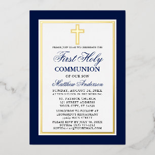Elegante blaue Erstkommunion-Kreuz Gold Folieneinladung