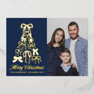 Elegante blaue Familienfoto-Schleifen Weihnachten Folien Feiertagskarte