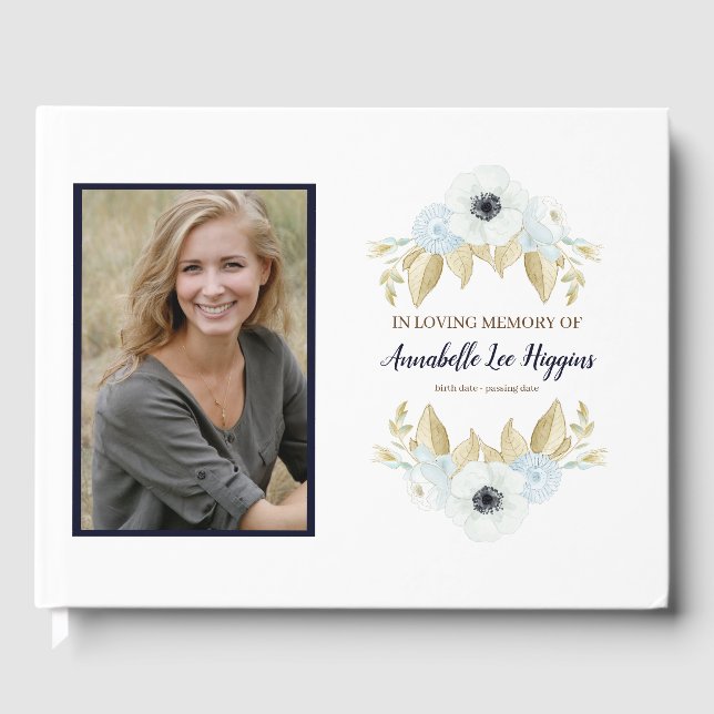 Elegante blaue Flora Beerdigung des Gedächtnisses Gästebuch (Vorderseite)