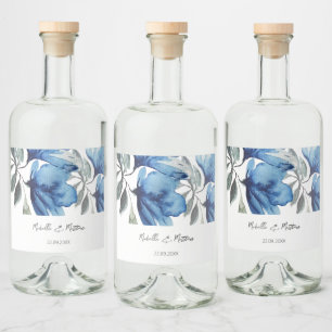 Elegante Blaue Flora Wasserfarbe Personalisiert Alkoholflaschenetikett