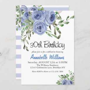 Elegante Blaue Flora Wasserfarben Streifen Geburts Einladung