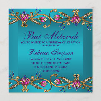 Elegante Blaue Florale Bat-Mizwa-Einladung Einladung
