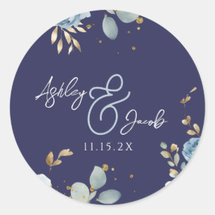 Elegante blaue florale Etiketten Hochzeit Runder Aufkleber