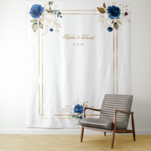 Elegante blaue florale Gold-Hochzeits-Photobooth Wandteppich