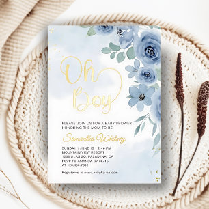 Elegante blaue florale goldene Babyparty für Junge Folieneinladung