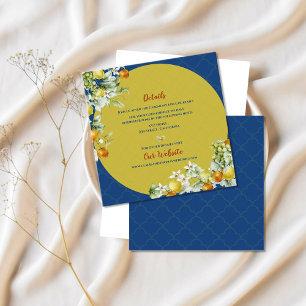 Elegante blaue florale goldene Zitrus-Hochzeitsdet Begleitkarte