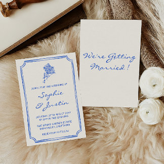 Elegante blaue florale handgeschriebene Hochzeitss Einladung