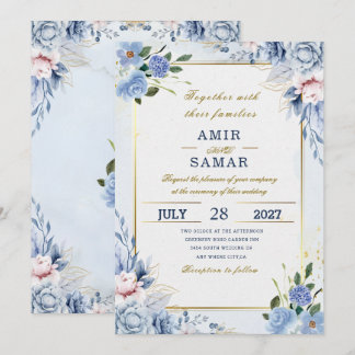 elegante blaue florale Hochzeit Einladung