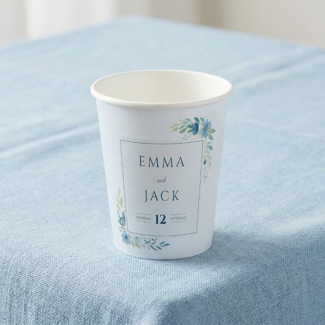 Elegante blaue florale Hochzeit Pappbecher (Elegant blue floral wedding paper cups)