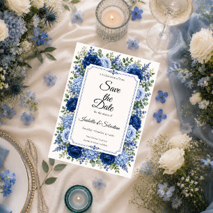 Elegante blaue florale Hochzeit Save The Date