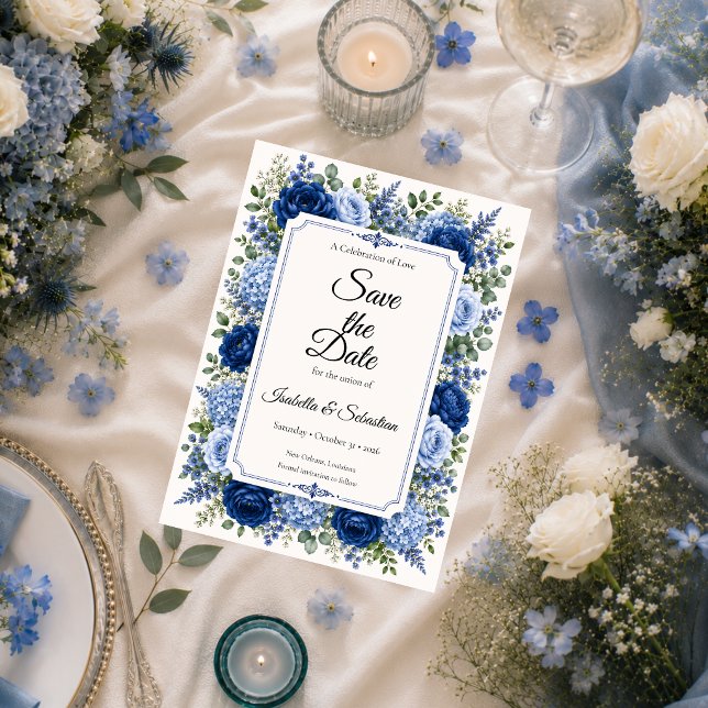 Elegante blaue florale Hochzeit Save The Date (Von Creator hochgeladen)