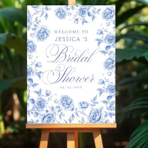 Elegante blaue florale Hochzeitsdusche Willkommen Poster