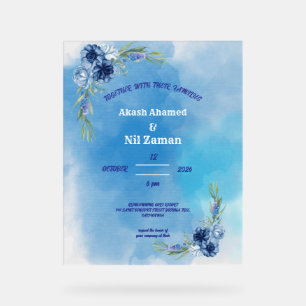 Elegante blaue florale Hochzeitseinladung Acrylschild