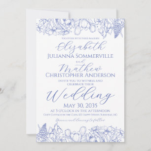 Elegante blaue florale Linienkunst Hochzeit im Vin Einladung