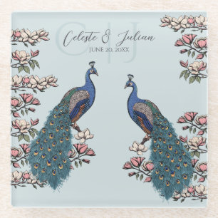 Elegante blaue florale Pfau-Hochzeit Glasuntersetzer
