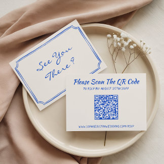 Elegante blaue florale QR-Code-Hochzeit RSVP Karte