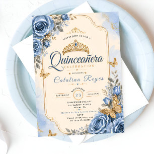 Elegante blaue florale Quinceañera Einladung