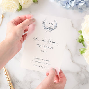 Elegante blaue florale Toile-Krone Save the Date