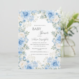 Elegante blaue florale Vintage-Baby-Einladung Einladung