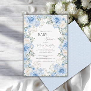 Elegante blaue florale Vintage-Baby-Einladung Einladung