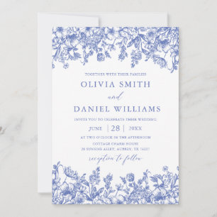 Elegante blaue florale Vintage-Botanical-Hochzeit Einladung