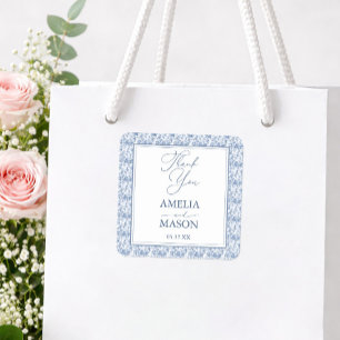Elegante blaue florale Vintage-Hochzeits-Dankeschö Quadratischer Aufkleber