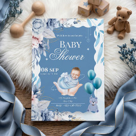 Elegante blaue florale Willkommensgruß für Babyjun Einladung