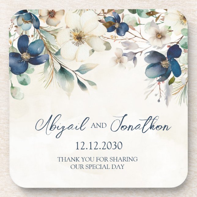 Elegante blaue florale Winterhochzeit Getränkeuntersetzer (Vorderseite)